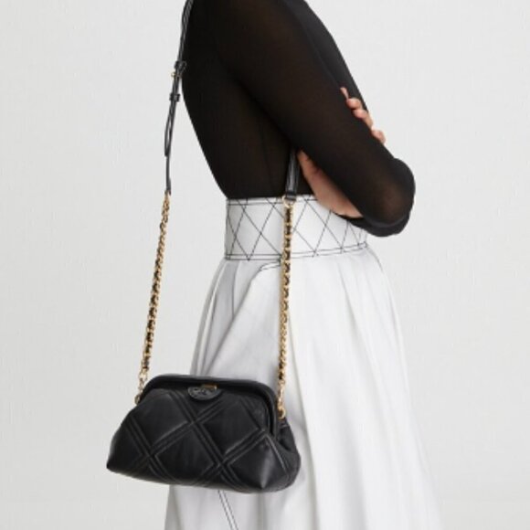 NWT! Tory Burch Fleming Frame Bag -Quilted Crossbody Bag - Small Black Lamb Skin - Picture 1 of 9